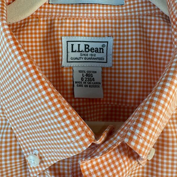 LL Bean Button Up Shirt Mens L Orange Gingham Wrinkle Resistant Short Sleeve - Picture 4 of 6